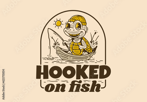 Hooked on fish, Mascot character of the turtle fishing on the boat
