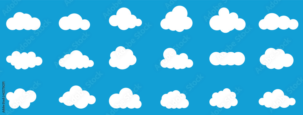 Clouds in the sky. Abstract white cloud set isolated on blue background. Vector illustration. Clouds in the sky. Abstract white cloud set isolated on blue background. Vector illustration.