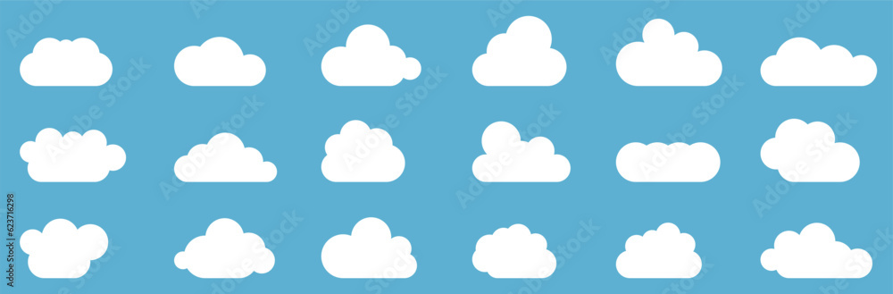 Clouds in the sky. Abstract white cloud set isolated on blue background. Vector illustration.