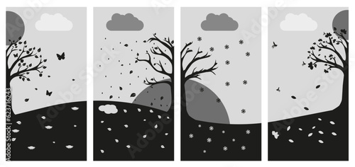 Black and white set of pictures of the four seasons of the year. Tree four times a year in spring, summer, autumn and winter vector illustration.