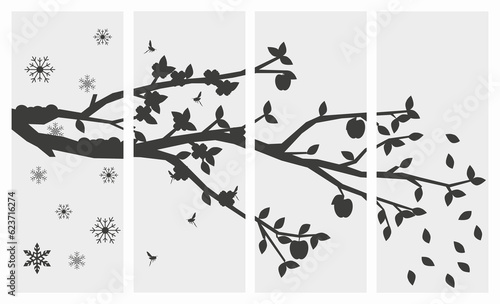 Black and white set of pictures of the four seasons of the year. Tree four times a year in spring, summer, autumn and winter vector illustration.