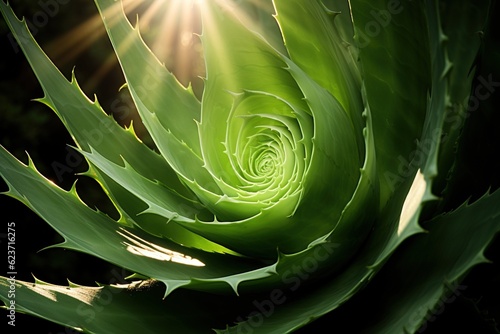 Sunbeam spotlighting a perfect spiral of aloe vera leaves photo