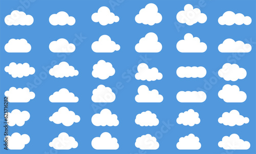 Clouds in the sky. Abstract white cloud set isolated on blue background. Vector illustration.