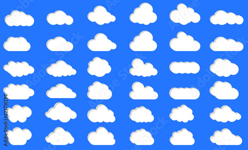 Clouds in the sky with shadow. Abstract white set of clouds isolated on a blue background. Vector illustration.