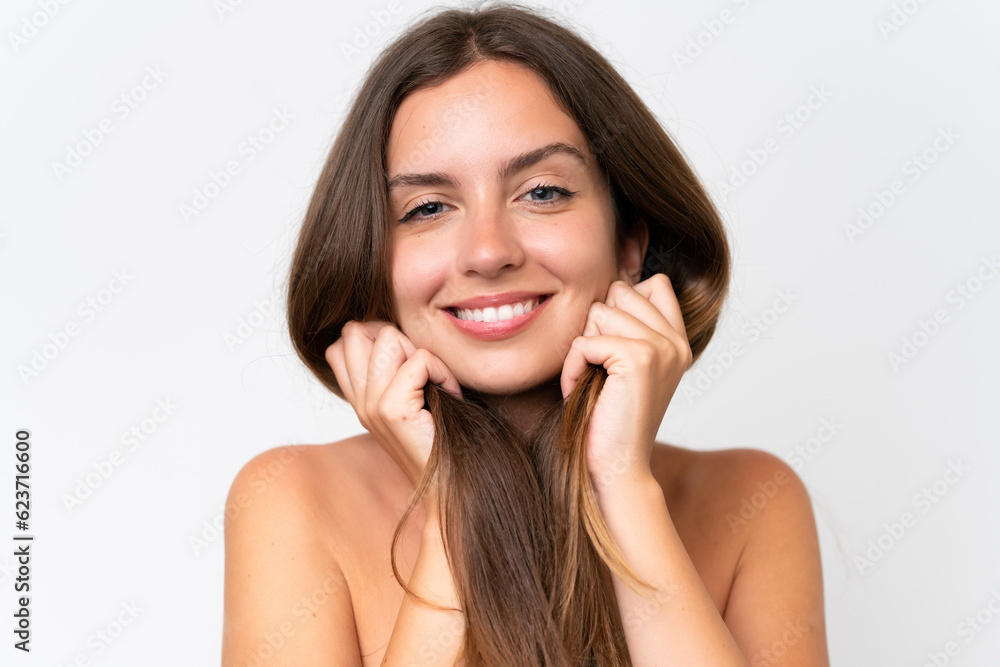 Young caucasian woman isolated on white background with happy expression. Close up portrait Young caucasian woman isolated on white background with happy expression. Close up portrait