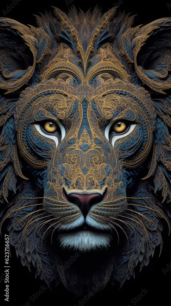 Macro Geometric Lion Face with 3D Helical Prism and Paisley Shapes AI Generated