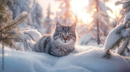 Adorable Kitten Playing in Winter Wonderland AI Generated #623716605