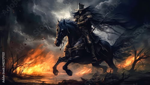 a equestrian riding a horse in a dark background, video game style, darkness, fire