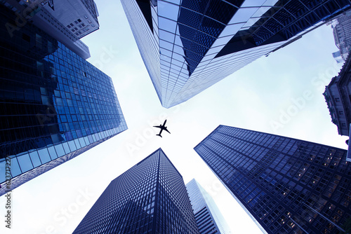 Canvas Print Airplane flies over skyscrapers
