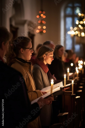 People during traditional Christmas service in dark church with burning candles.