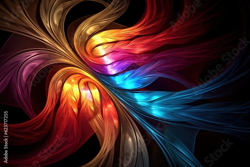 Swirling fractal art in rainbow hues against a black background