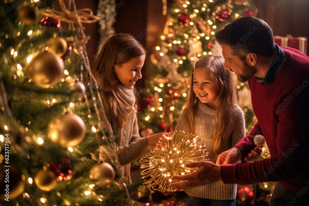 Family holiday. Father and two daughter with glowing decoration near Christmas tree.