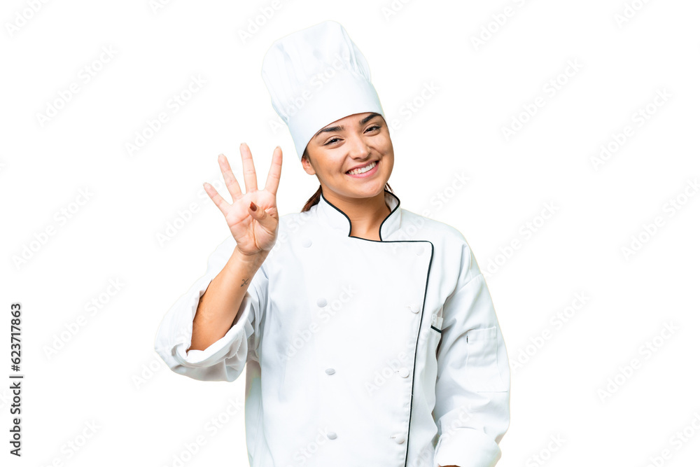 Young woman Chef over isolated chroma key background happy and counting four with fingers Young woman Chef over isolated chroma key background happy and counting four with fingers