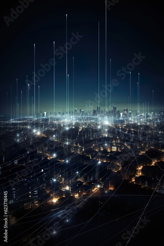 Fotografiet City skyline at night with wireless signals
