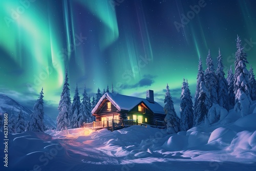 The Aurora Borealis dancing over an isolated, snow-covered log cabin
