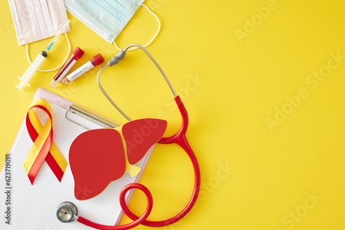 The concept of liver health. Top view shot of liver, medical masks, clipboard, awareness ribbon, blood samples, syringe, stethoscope on yellow background with empty space for message
