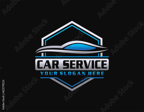 Auto style car logo design with concept sports vehicle icon silhouette on light grey background. Vector illustration.