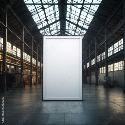 A striking, oversized mockup frame commanding attention as it stands on a rugged, industrial-style metal floor. Generative AI
