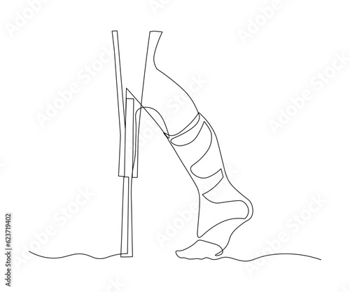 Abstract sick leg, foot in a cast,gypsum on a crutch. Continuous drawing in one line