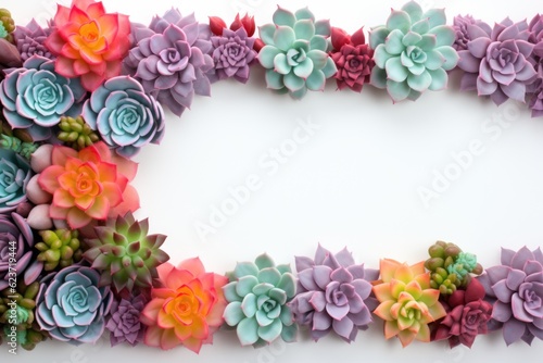 Mockup frame, A wooden frame layout with vibrant succulents arranged along its border, Generative AI