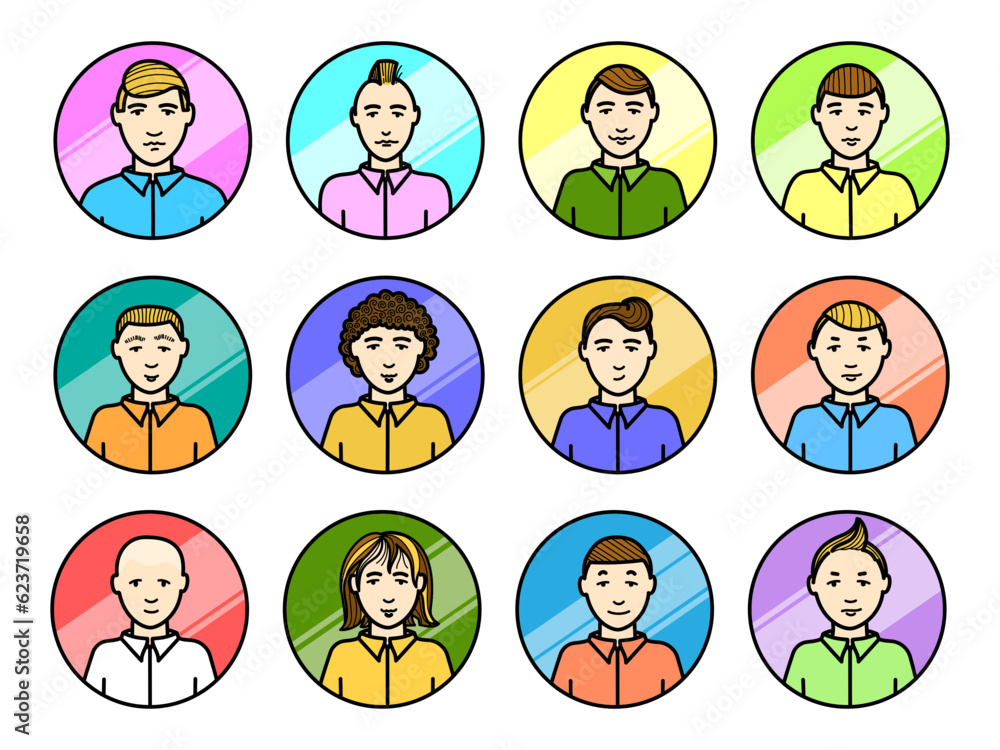 A set of multi-colored round avatars of boys with different hairstyles. Flat vector icons with teenagers. A set of multi-colored round avatars of boys with different hairstyles. Flat vector icons with teenagers.