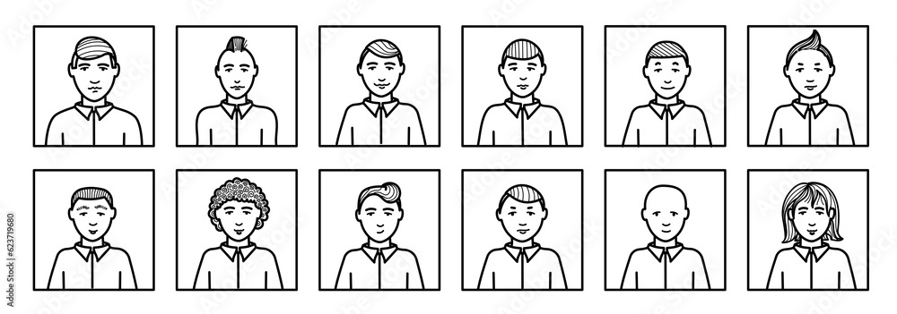 A set of square icons with portraits of guys. Black and white contour avatars of boys. A set of square icons with portraits of guys. Black and white contour avatars of boys.