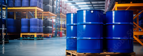 Blue barrel drum on the pallets contain liquid chemical in warehouse prepare for delivery to customer by made to order. Manufacture of chemicals production. Oil and chemical industrial works concept. 