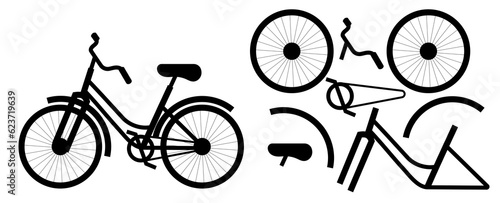 One-color silhouette of a bicycle and parts of a disassembled bicycle.
