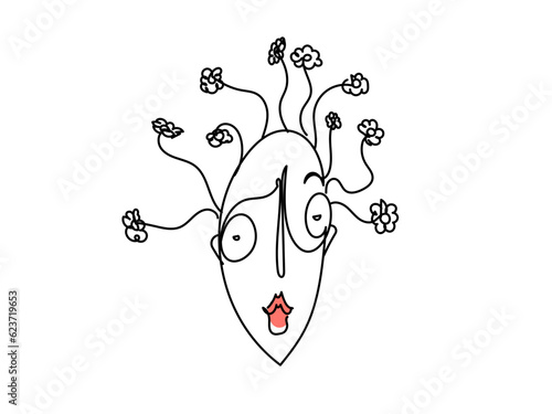 Vector doodle portrait of a girl who woke up in the morning with flowers instead of hair. Sparse hair or a perm and a face mask.