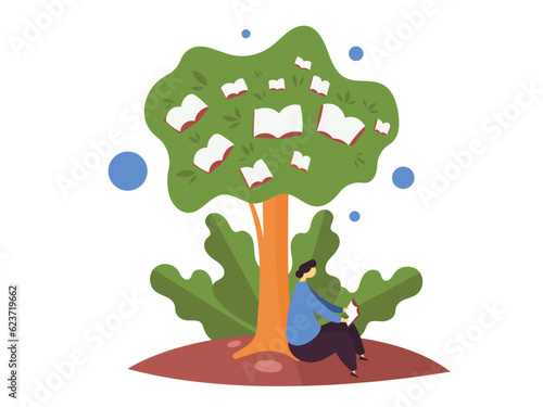 A man reads a book while sitting under a tree on which books grow like fruits. Flat vector illustration. photo