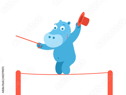 A blue hippopotamus in a red hat with a cane shows circus tricks of walking on a tightrope. Flat vector character illustration.