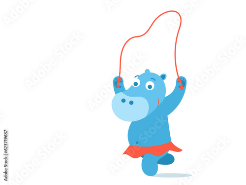 A blue plump hippo girl in a red skirt is jumping with a rope. Flat vector illustration.