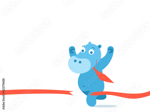 A blue hippo businessman in a red tie wins the race and runs first, tearing the red ribbon with his chest. Flat vector character illustration.