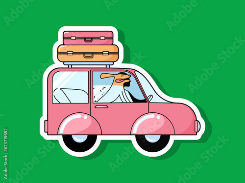 Traveling in a pink car with a dog. Suitcases on the roof of the car. Vector flat sticker on a green background.