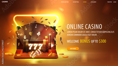 Online casino, gold web banner with laptop, neon slot machine, black playing cards, dice and poker chips on background with neon triangle