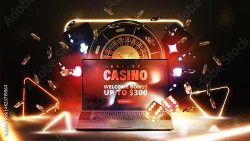 Online casino, dark poster with laptop, Roulette, chips, playing cards and gold neon triangles around