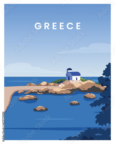 Travel poster on Greece with blue domes. vector illustration landscape