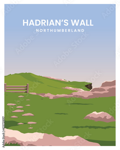 landscape of Hadrian's Wall Northumberland National Park.vector illustration background suitable for travel poster, postcard, card, print.
