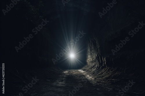 Tunnel opening in the distance, radiating light into darkened path © Dan