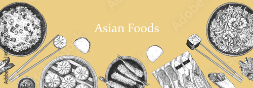 Asian Restaurant Menu. Hand-drawn illustration of dishes and products. Ink. Vector
