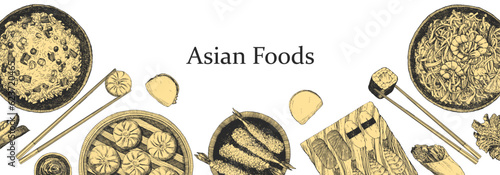 Asian Restaurant Menu. Hand-drawn illustration of dishes and products. Ink. Vector