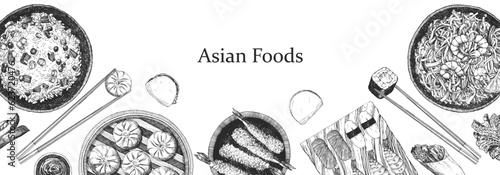 Asian Restaurant Menu. Hand-drawn illustration of dishes and products. Ink. Vector