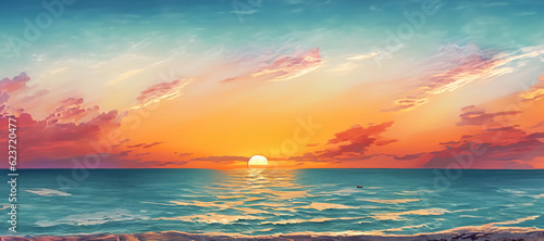 illustrazione con pittoresco tramonto su mare calmo color smeraldo, Generative Ai