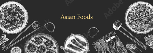 Asian Restaurant Menu. Hand-drawn illustration of dishes and products. Ink. Vector