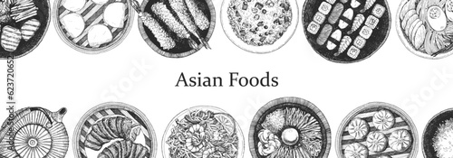Asian Restaurant Menu. Hand-drawn illustration of dishes and products. Ink. Vector