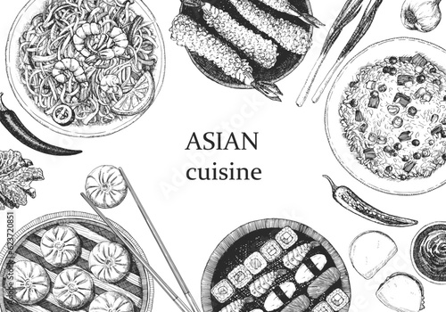 Asian Restaurant Menu. Hand-drawn illustration of dishes and products. Ink. Vector