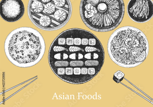 Asian Restaurant Menu. Hand-drawn illustration of dishes and products. Ink. Vector