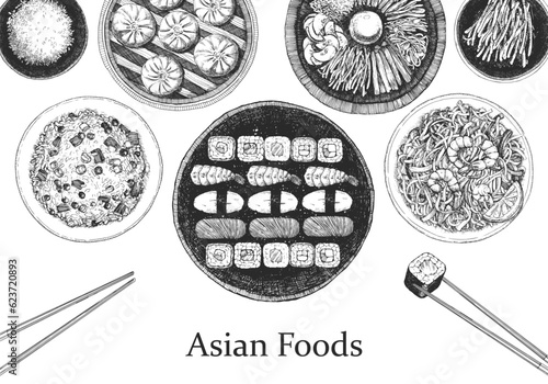Asian Restaurant Menu. Hand-drawn illustration of dishes and products. Ink. Vector