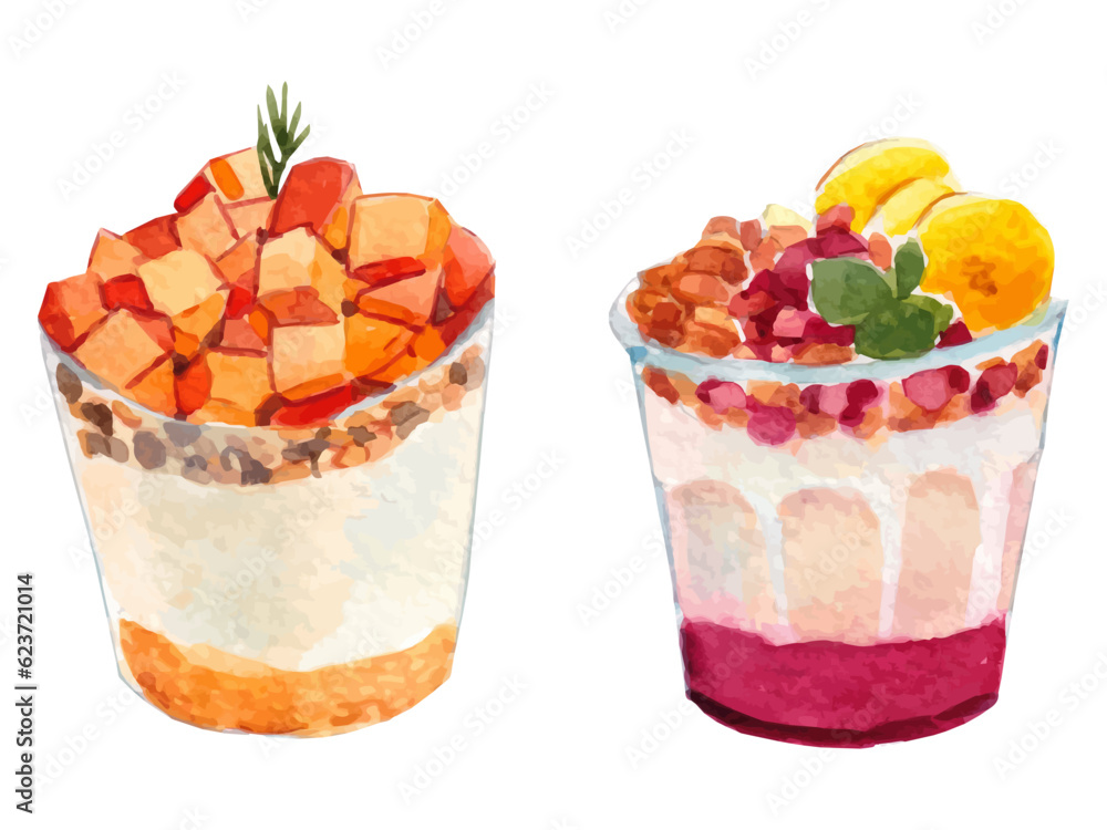 Smoothies watercolor illustration set. Mango, banana, watermelon, fruit juice painting. Isolated elements on white. Smoothies watercolor illustration set. Mango, banana, watermelon, fruit juice painting. Isolated elements on white.