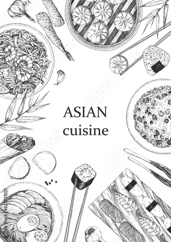 Asian Restaurant Menu. Hand-drawn illustration of dishes and products. Ink. Vector